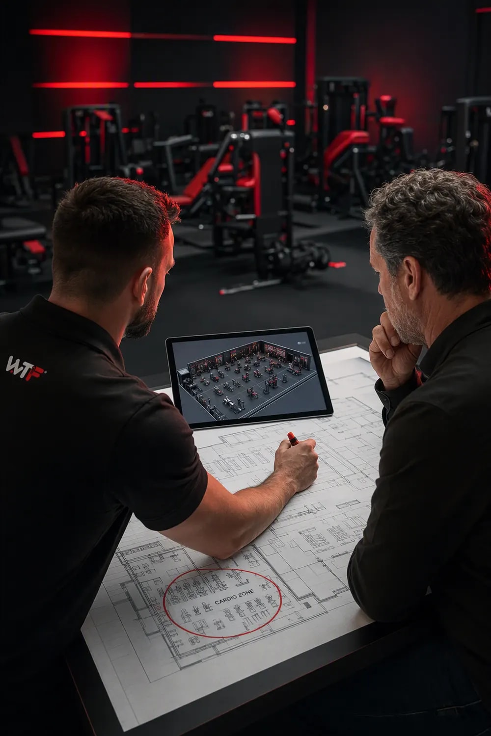 A WTF team member and a gym owner marking up a floor plan together, zoning the cardio area