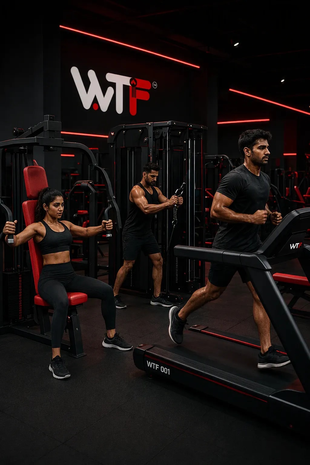 Three people training on WTF machines under the store's red ceiling strips — a treadmill, a cable station and a chest press all in use