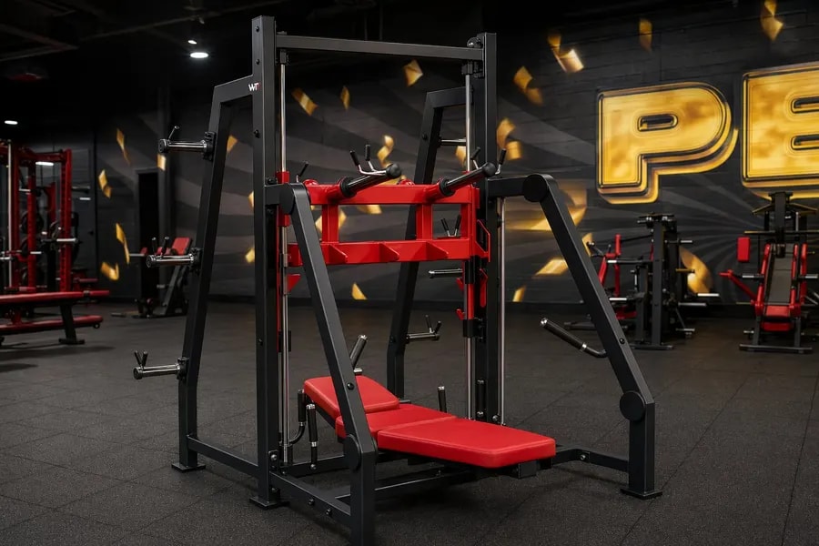 A working WTF gym floor — black and red machines under strip lighting, photographed in one of our operating gyms