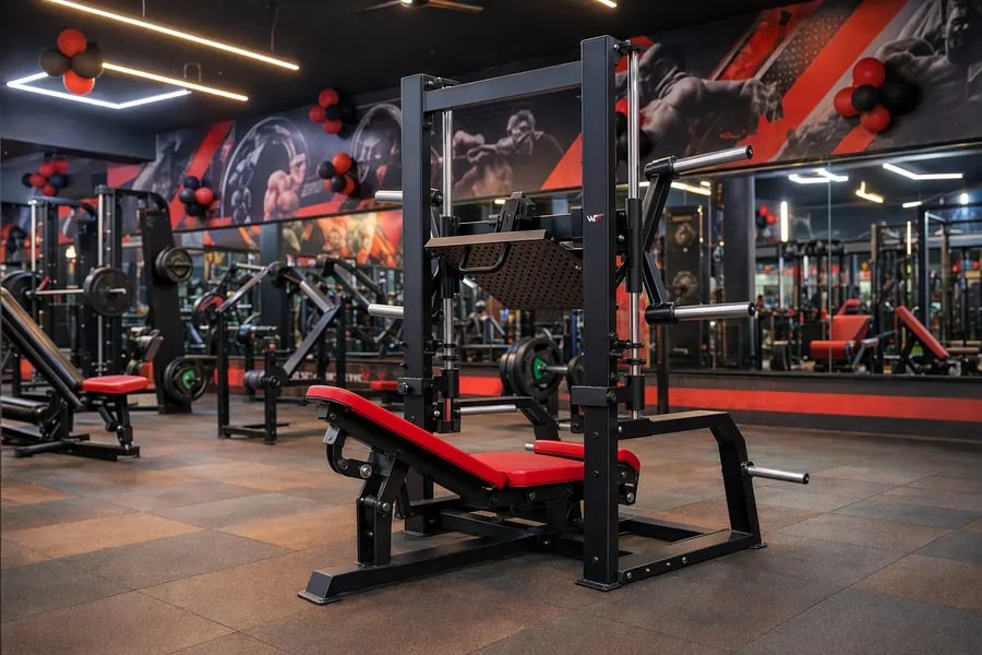 A working WTF gym floor — black and red machines under strip lighting, photographed in one of our operating gyms