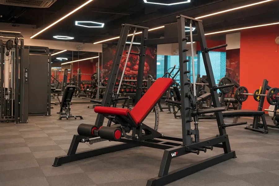A working WTF gym floor — black and red machines under strip lighting, photographed in one of our operating gyms