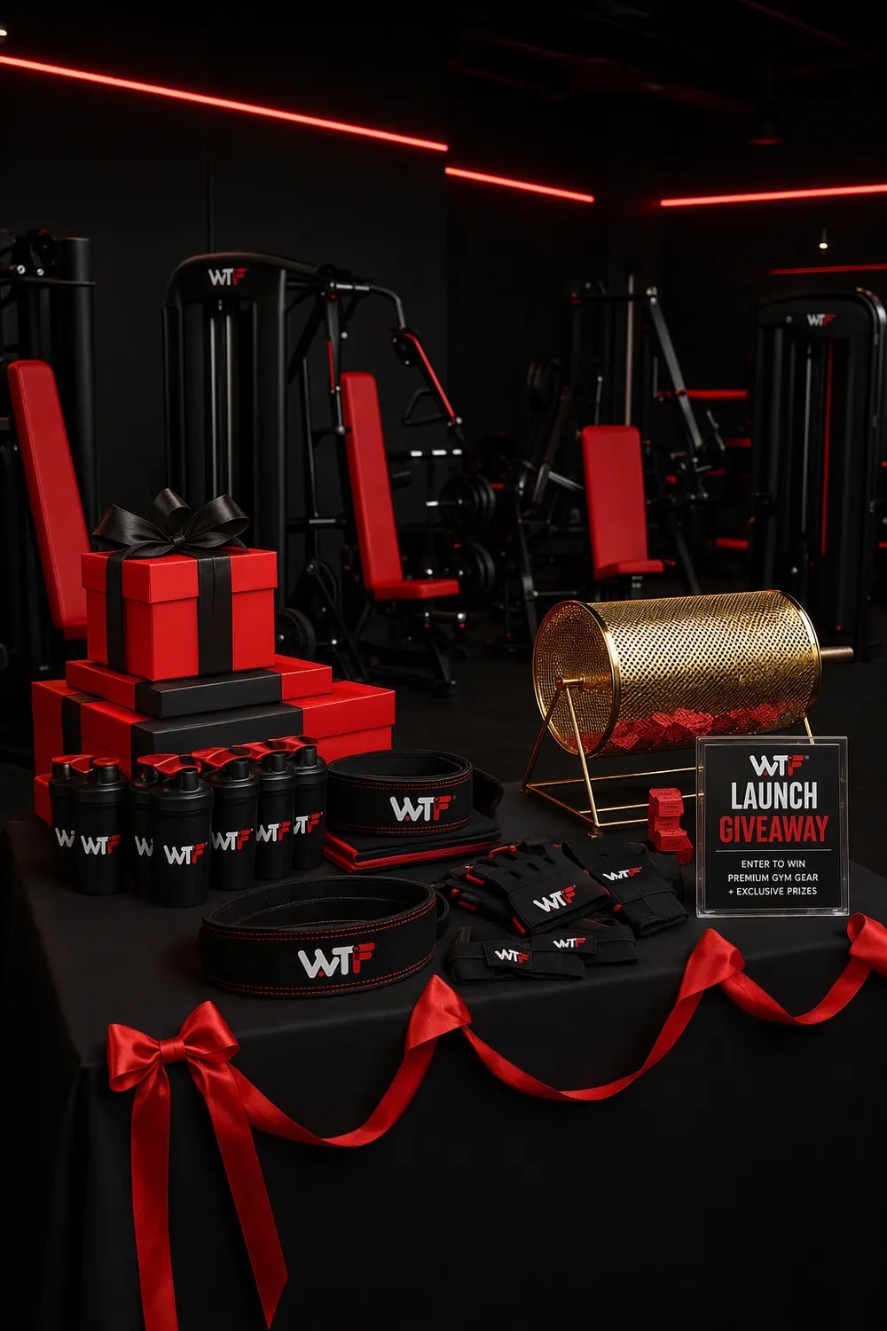 Launch-day giveaway prizes laid out ahead of the lucky draws