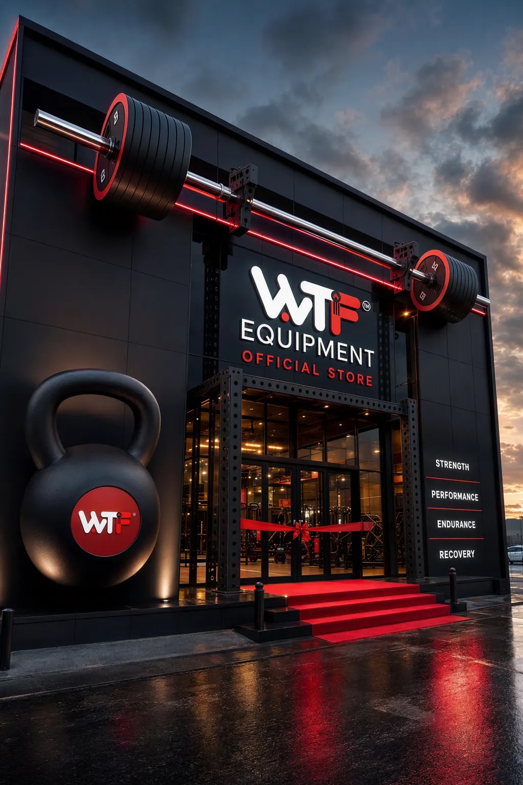 The WTF Equipment official store on launch day — red carpet at the entrance and the showroom lit behind red-lit glass
