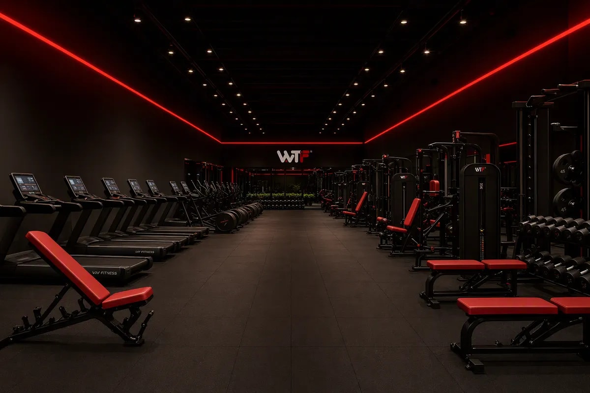 The same floor finished as a WTF gym — cardio line, plate-loaded strength, benches and dumbbells under red ceiling strips