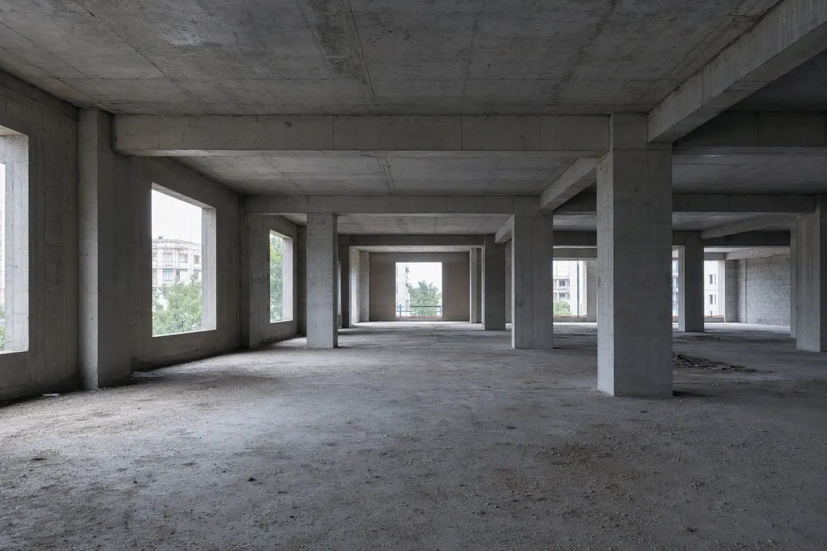 An empty concrete shell — bare columns, unfinished floor, no fit-out