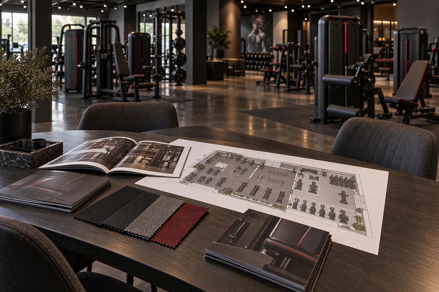 Rendered consultation table in a gym equipment store: a printed gym floor-plan layout, catalogues and upholstery swatches, with black machines in the background