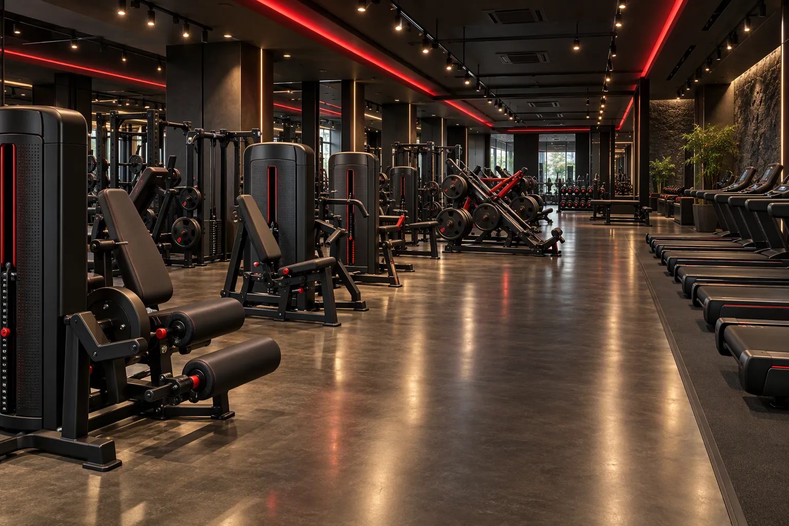 Rendered view of a gym equipment store floor: black selectorized and plate-loaded machines on one side, a row of treadmills on the other, red accent lighting overhead
