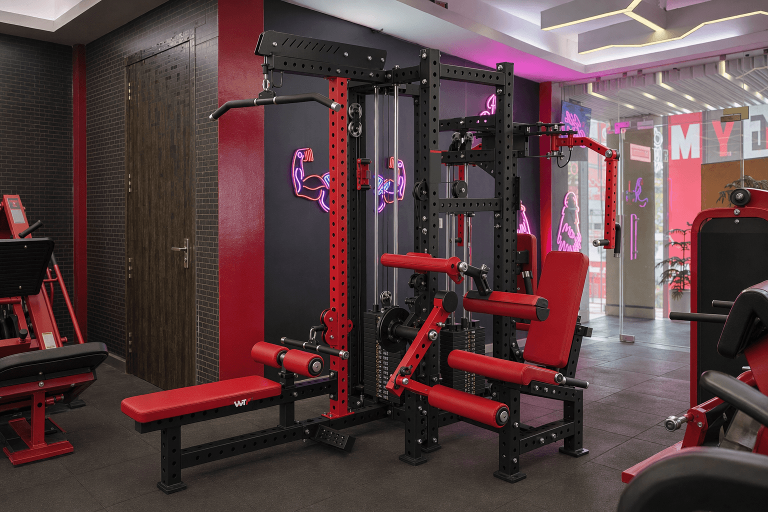 4 Multi Station Gym (Pec/Dec Fly + Lat Pull Down/Row + Leg Curl/Ext + Cable) (WTF-K121) deployed inside a WTF gym